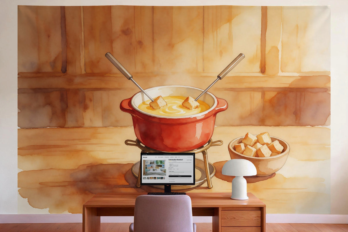 Wanddeko im Büro hinter dem Schreibtisch: Wandtuch Käsefondue im Caquelon, auf Stoff gedruckt