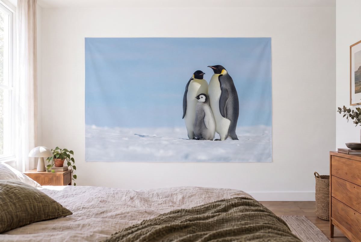 Wandtuch Kaiserpinguine mit Küken im hellen Schlafzimmer gegenüber dem Bett, rechts eine Holzkommode – Weiss und Blau