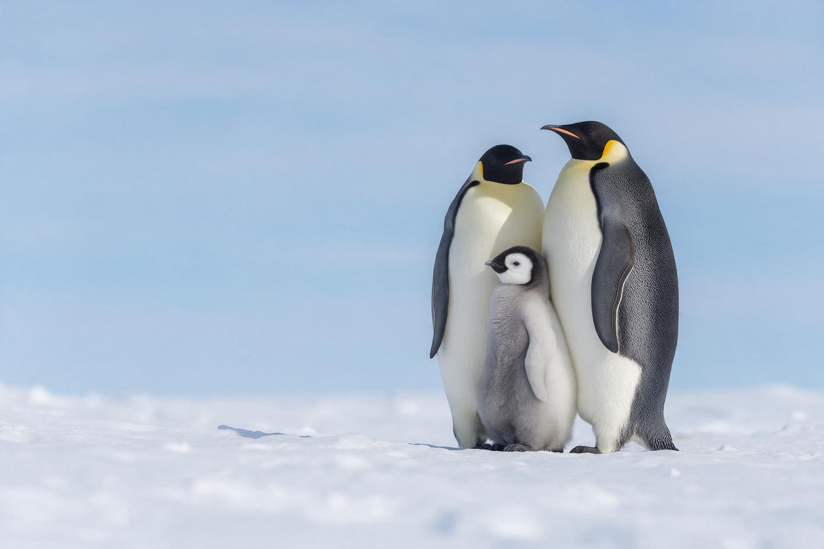 Zwei Kaiserpinguine mit grauem Küken rechts im Schnee vor hellem Himmel, als Wandtuch, auf Stoff gedruckt – Weiss und Blau