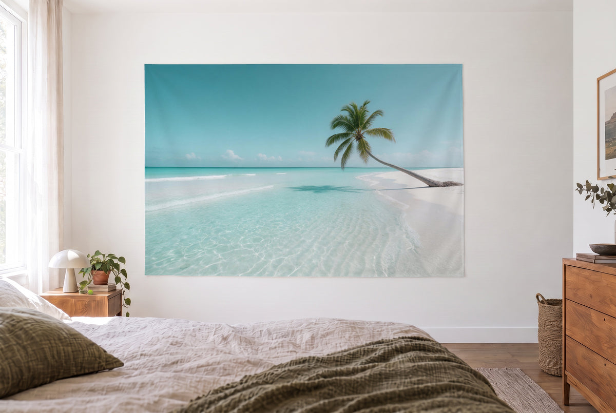 Caribbean Beach with Palm Tree tapestry in a bright bedroom opposite the bed, wooden dresser at right – turquoise and white