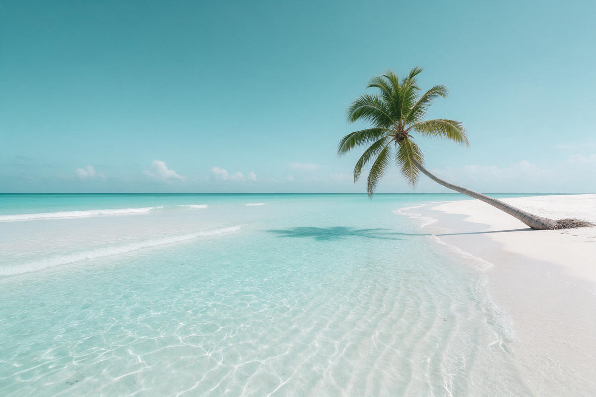 Caribbean beach with a leaning coconut palm over turquoise water, tapestry printed on fabric – turquoise and white