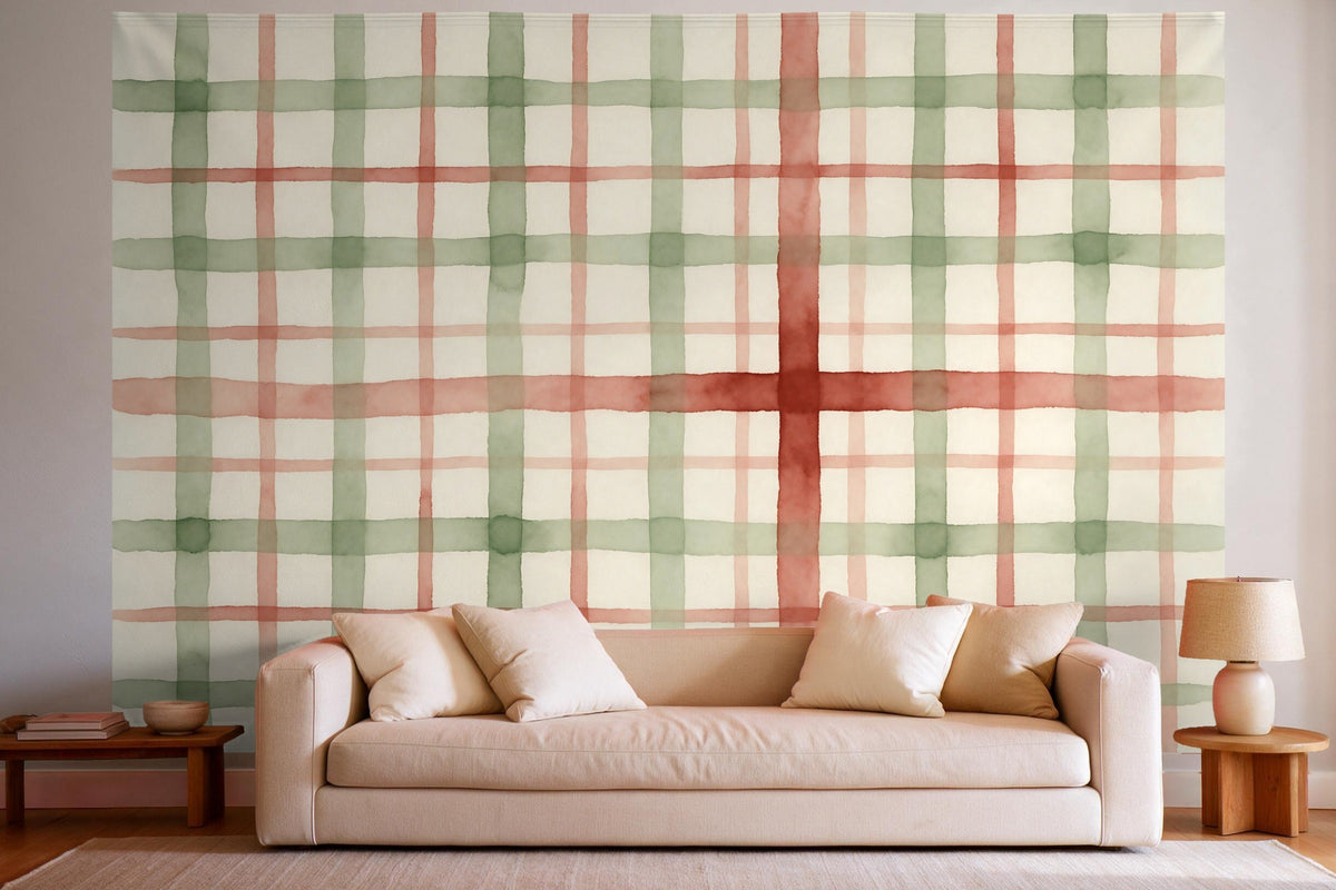 Wall decor in a bright living room above the sofa: printed fabric tapestry Painted Plaid in Sage and Rust