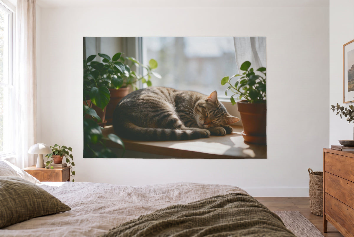 Cat on the windowsill tapestry in the bright bedroom opposite the bed, wooden dresser at right – brown and green