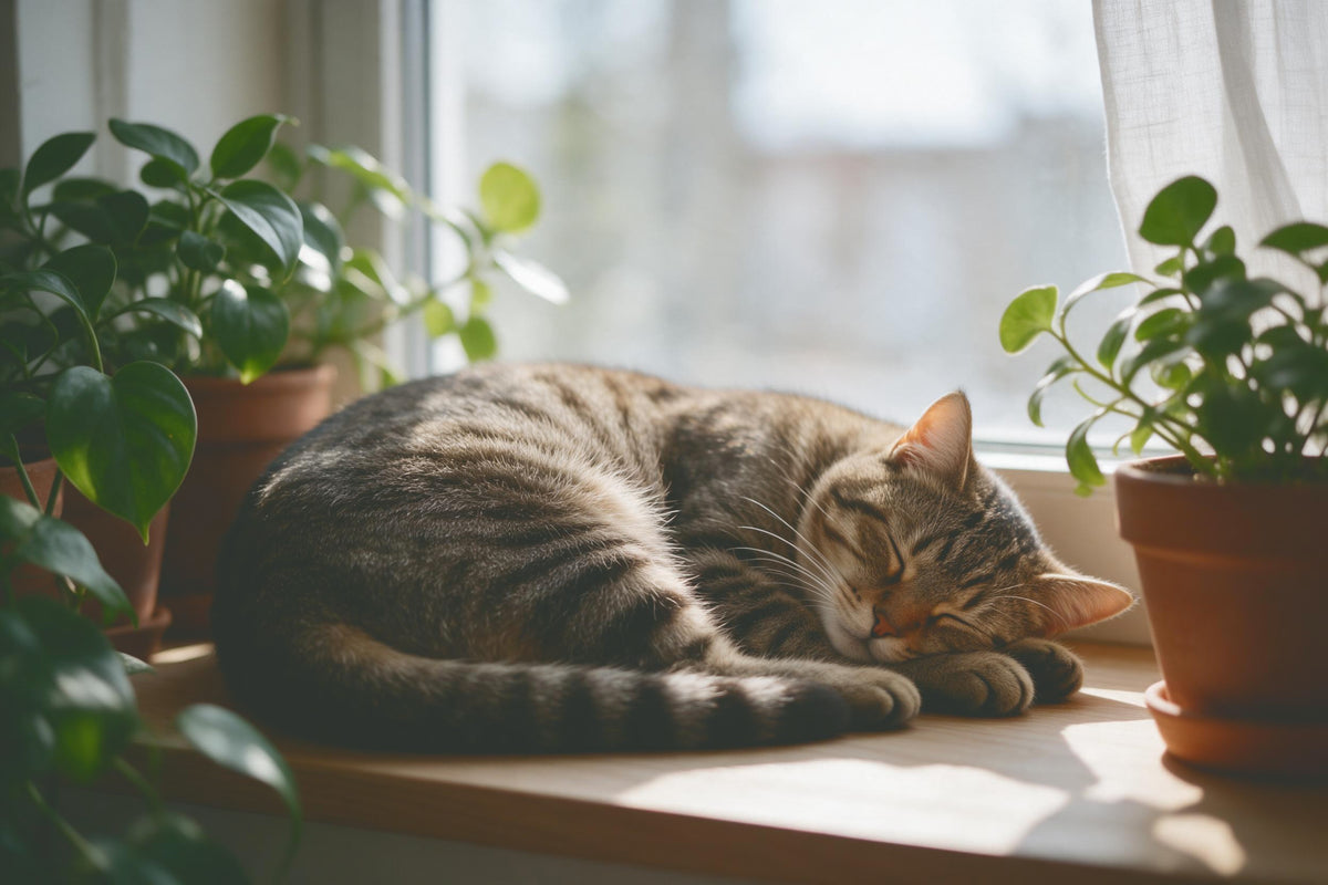 Tabby cat sleeping on a bright wooden windowsill among potted plants, tapestry printed on fabric – brown and green