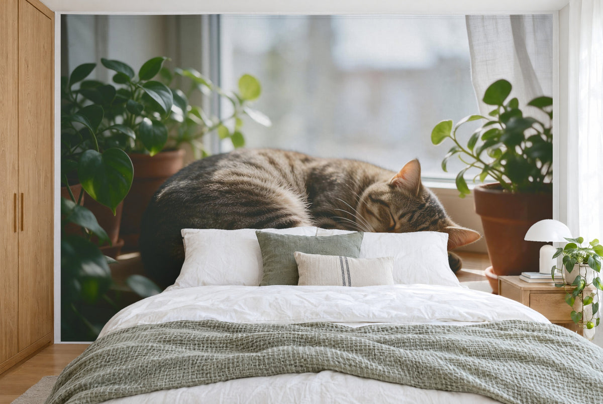 XXL printed fabric: sleeping cat in the centre, potted plants left and right, filling the wall behind the bed