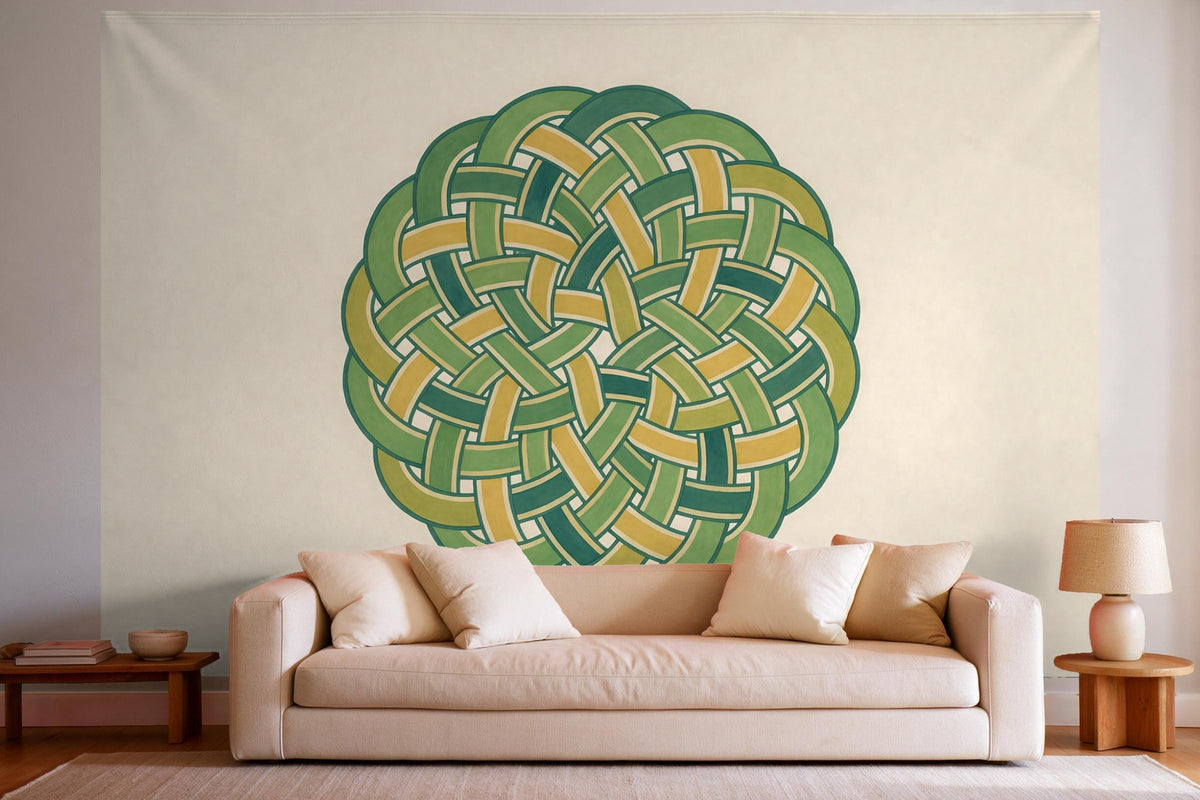 Déco murale dans un salon lumineux au-dessus du canapé : tenture murale Motif de nœud celtique, imprimée sur tissu