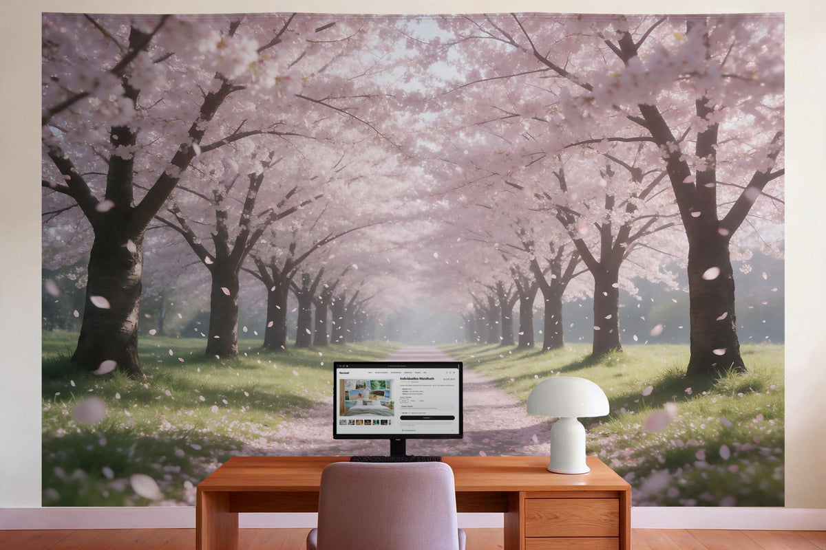 Wall decor in a home office behind the desk: printed fabric tapestry Cherry Blossom Avenue in Spring