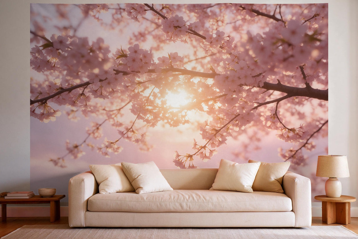 Decoración de pared en un salón luminoso sobre el sofá: tapiz de tela Flores de cerezo a la luz de la mañana