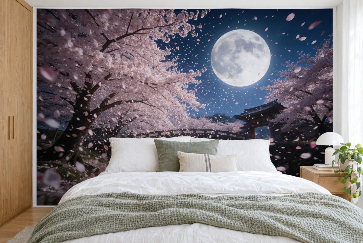 Tela impresa XXL: luna llena arriba a la derecha sobre un pórtico, árbol en flor a la izquierda, pared entera tras la cama