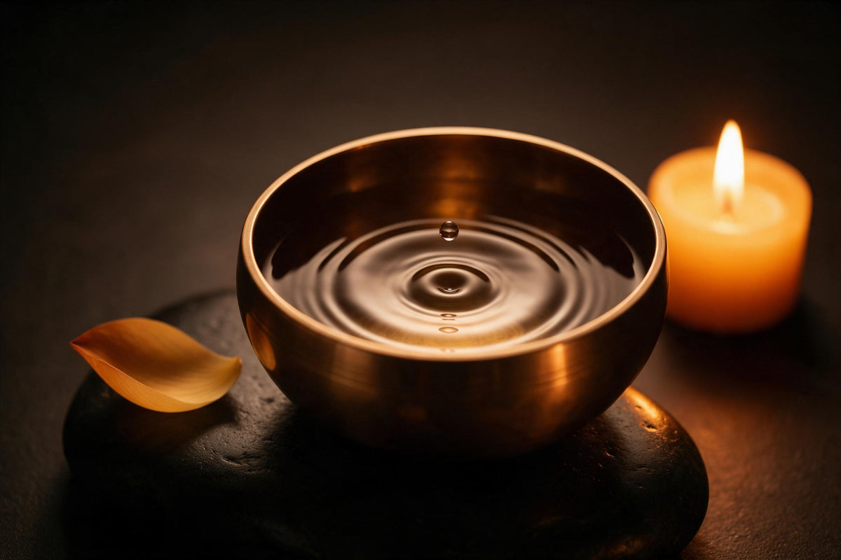 Bol chantant en bronze avec goutte d’eau sur une pierre sombre, une bougie à côté, tenture murale imprimée sur tissu – ambre