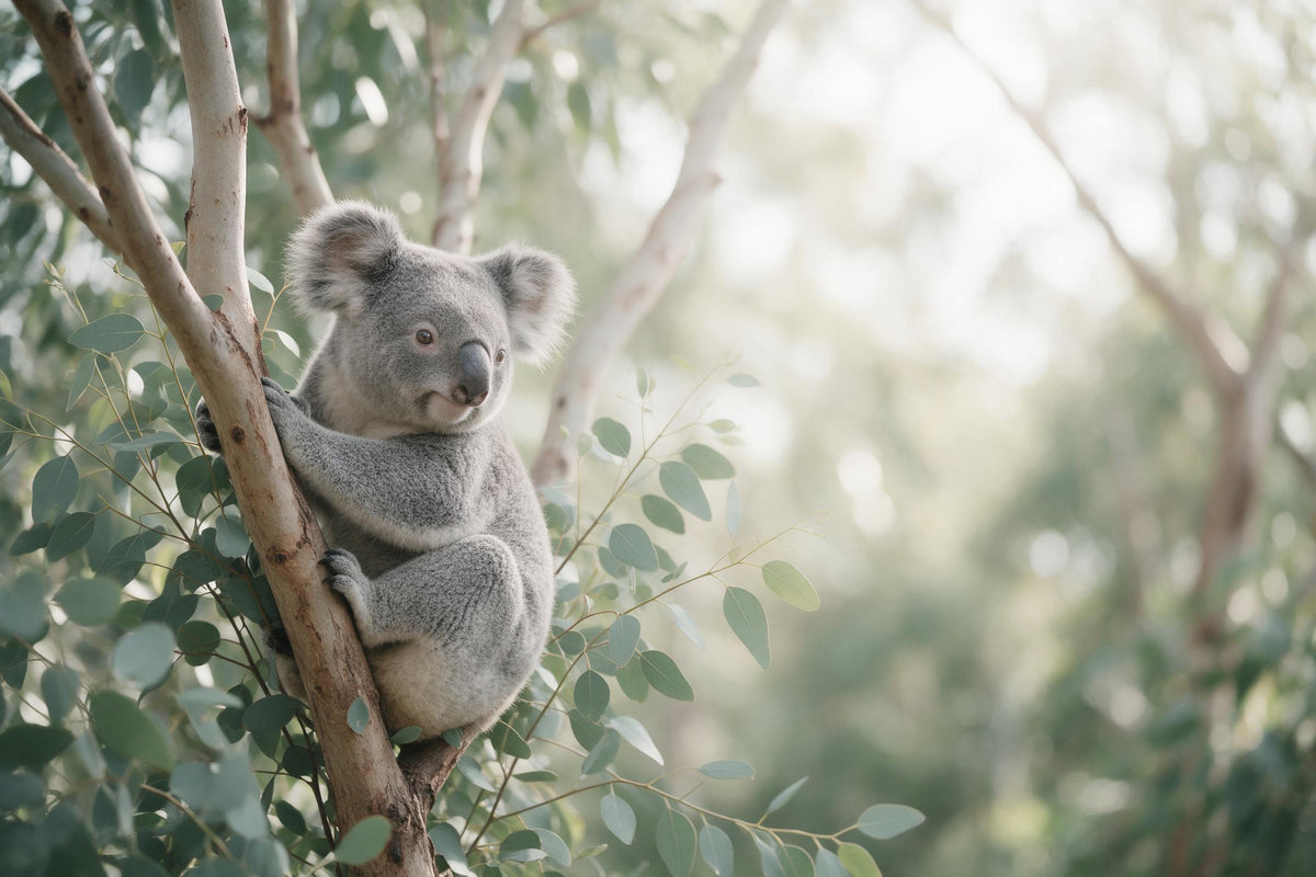 Grauer Koala links an einem Eukalyptusast zwischen graugrünen Blättern, als Wandtuch, auf Stoff gedruckt – Grau und Grün