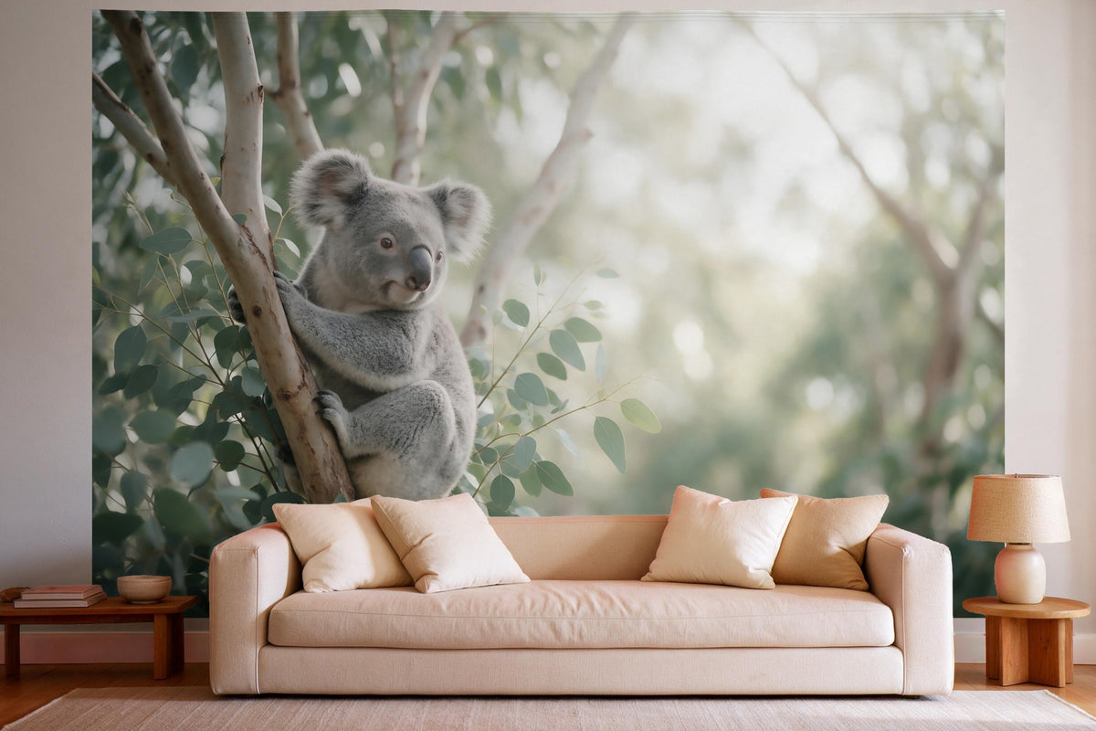 Wandtuch XXL Koala im Eukalyptusbaum als Wanddeko im hellen Wohnzimmer über dem Sofa