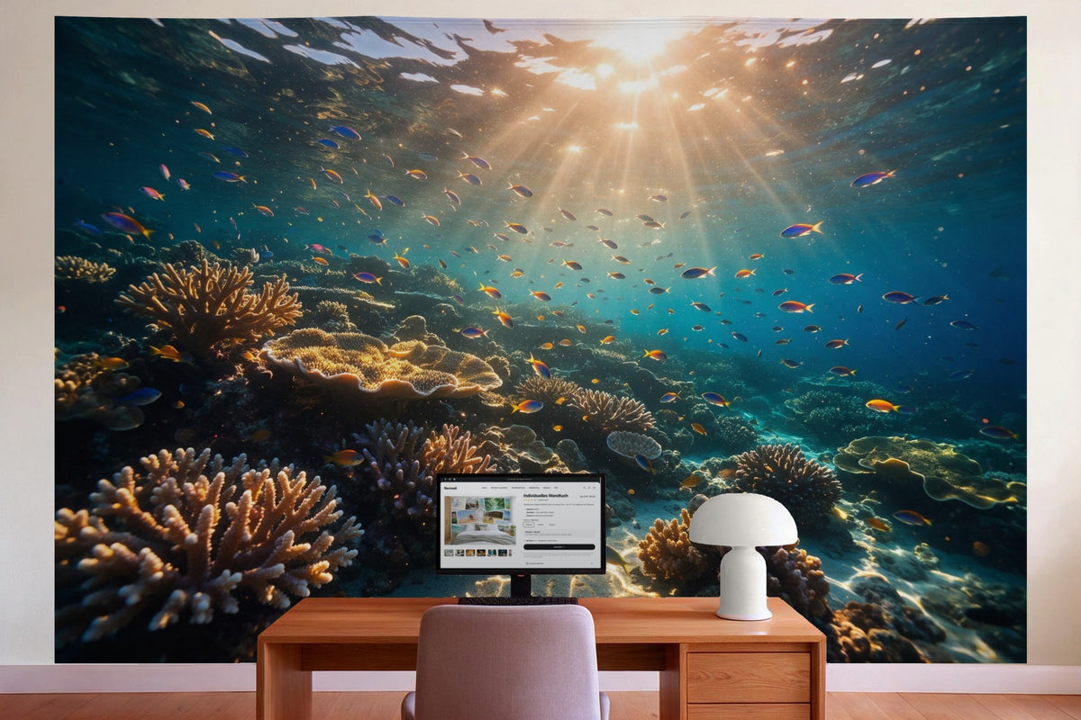 Decoración de pared en la oficina detrás del escritorio: tapiz de tela Arrecife de coral al amanecer