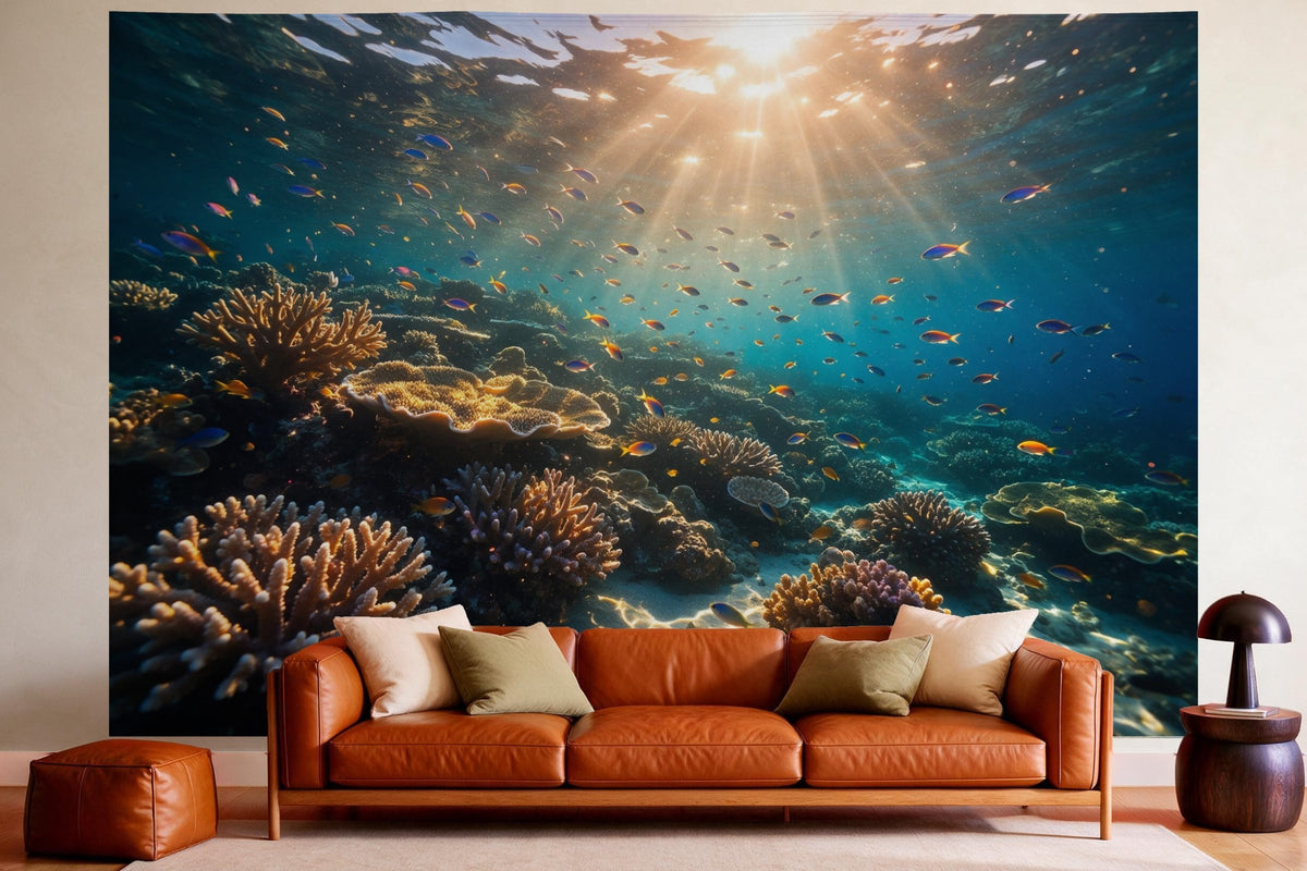 Tapiz de pared XXL Arrecife de coral al amanecer como decoración en un salón acogedor sobre el sofá de cuero