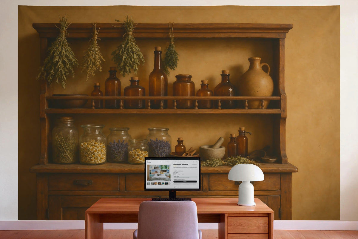 Decoración de pared en la oficina detrás del escritorio: tapiz de tela Botica de hierbas con frascos ámbar