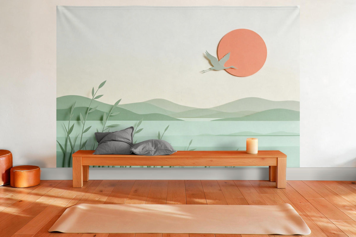 Tapiz de pared XXL Grulla en papel recortado como decoración en una sala de yoga
