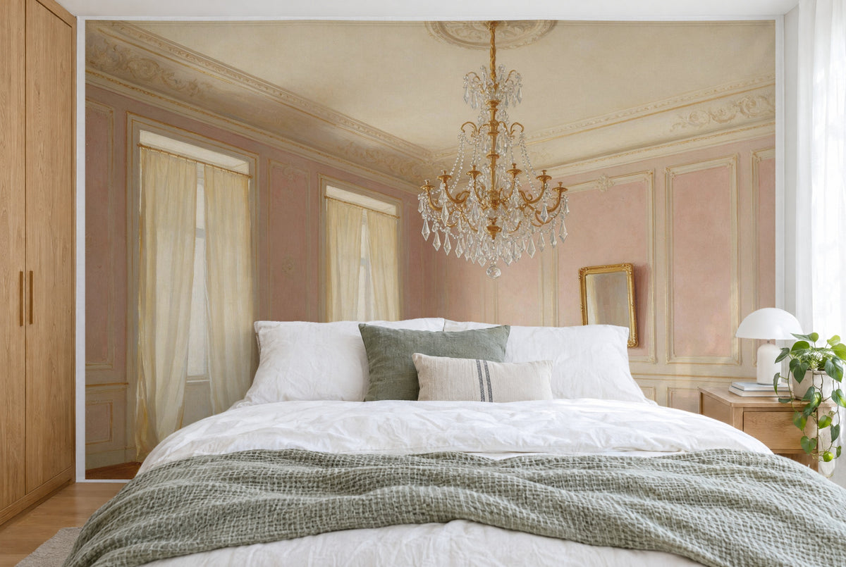 XXL printed fabric: gold chandelier in the centre, pink salon with curtains and mirror, filling the wall behind the bed