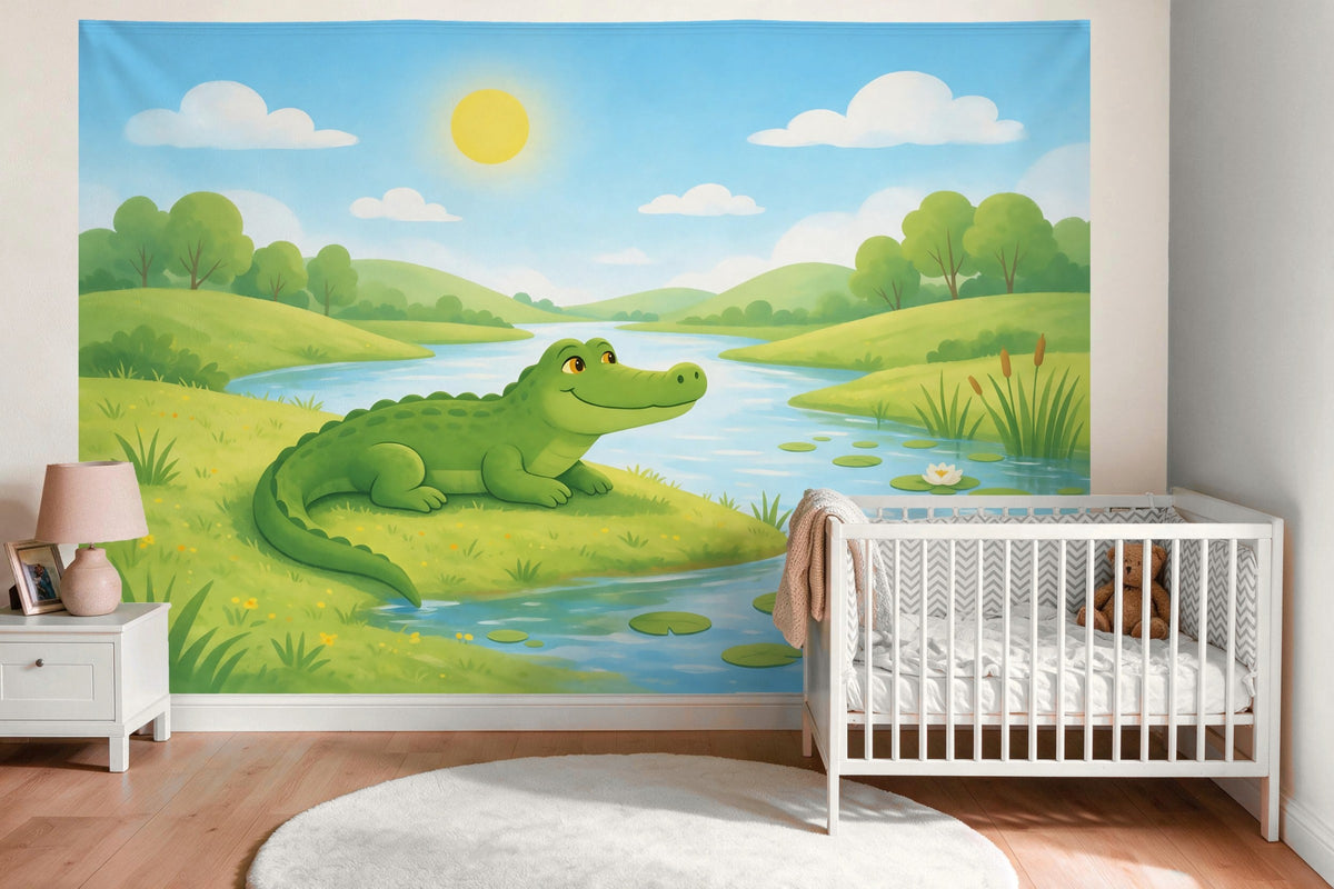Tapiz de pared XXL Cocodrilo junto al río de cuento como decoración en la habitación del bebé sobre la cuna