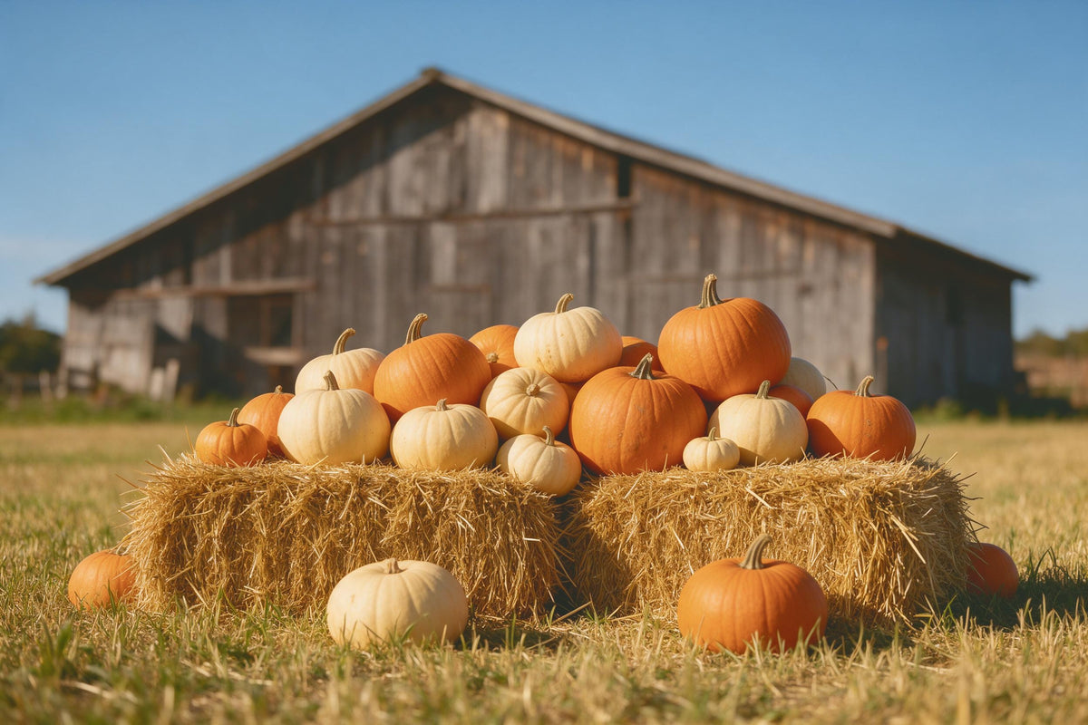 Herbstliche Kürbisse auf zwei Strohballen vor alter Holzscheune, als Wandtuch, auf Stoff gedruckt – Orange und Blau