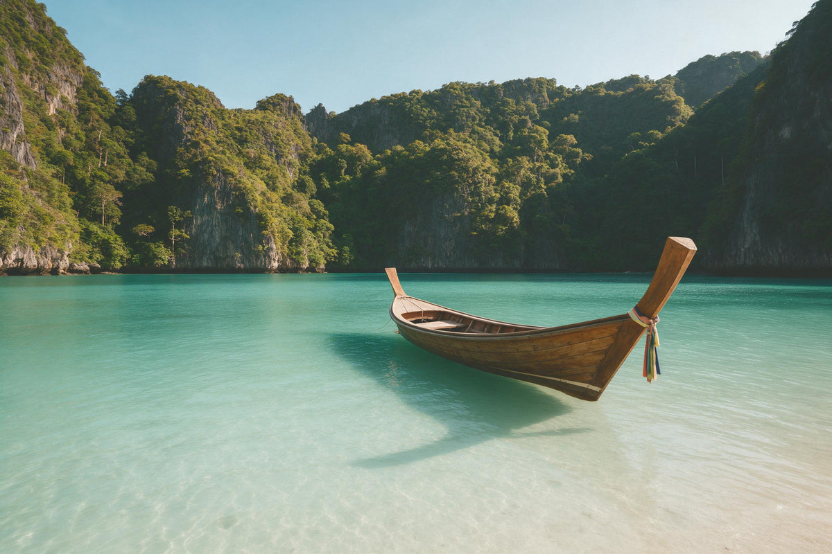 Wooden longtail boat with colourful ribbons on the bow in a turquoise bay, green limestone cliffs, tapestry printed on fabric
