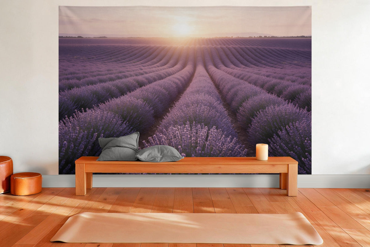 Wandtuch XXL Lavendelfeld im Abendlicht als Wanddeko im Yogaraum