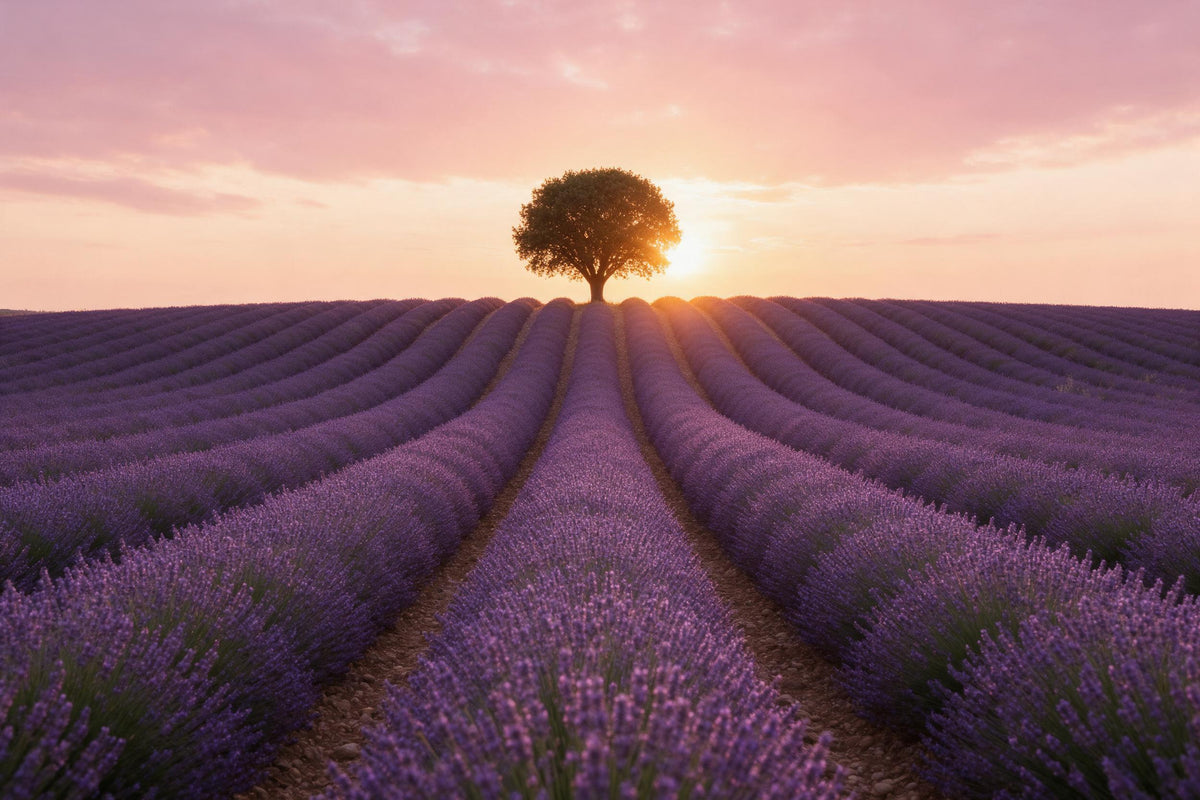 Campo de lavanda con hileras violetas hacia un árbol solitario a la luz del atardecer, tapiz impreso en tela – violeta y rosé
