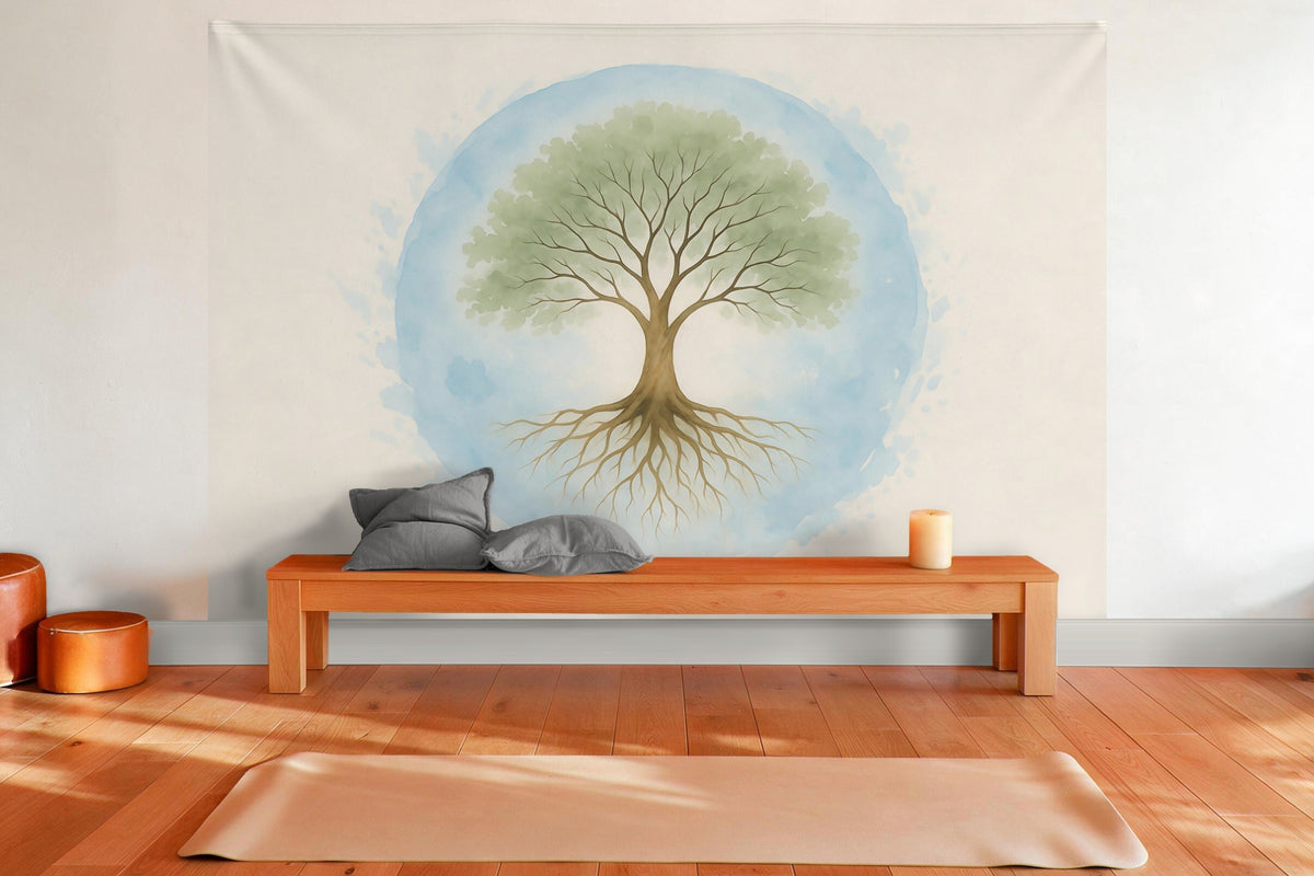 Tapiz de pared XXL Árbol de la vida en un círculo como decoración en una sala de yoga