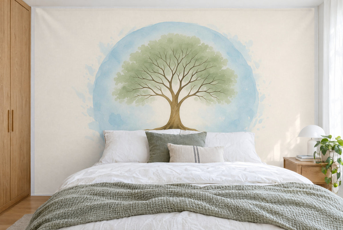 Tissu imprimé XXL : arbre de vie à couronne verte au centre du cercle d'aquarelle bleu, mur entier derrière le lit