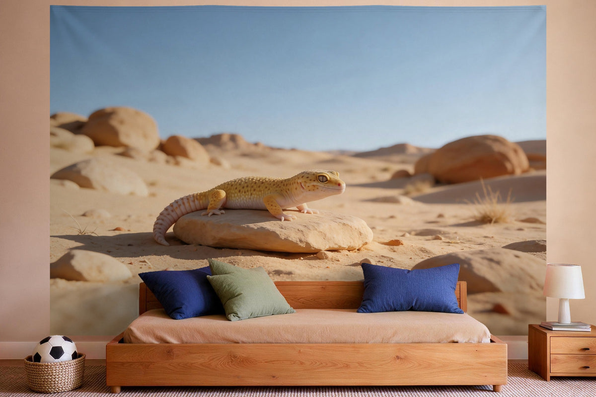Decoración de pared en un dormitorio de niño: tapiz de tela Gecko leopardo sobre la arenisca