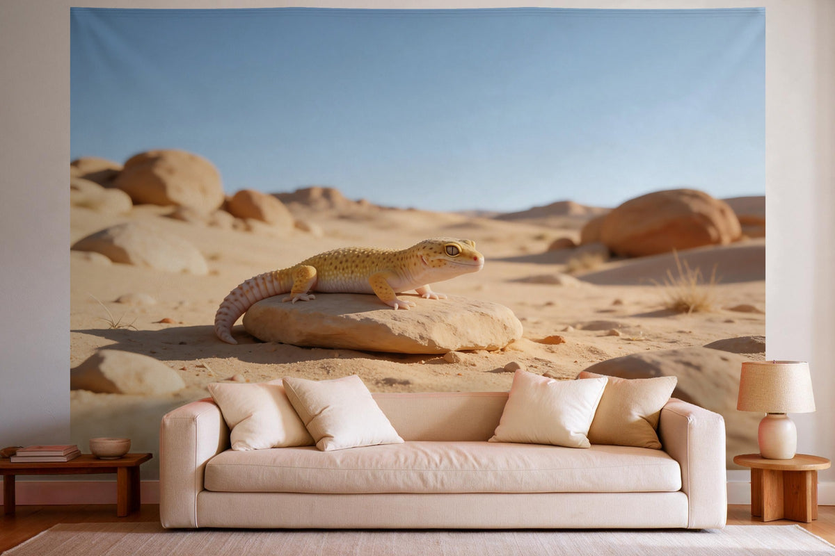 Tapiz de pared XXL Gecko leopardo sobre la arenisca como decoración en un salón luminoso sobre el sofá