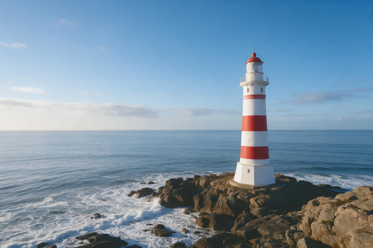White-and-red lighthouse on the right on rocks above white surf at the sea, tapestry printed on fabric – blue and red