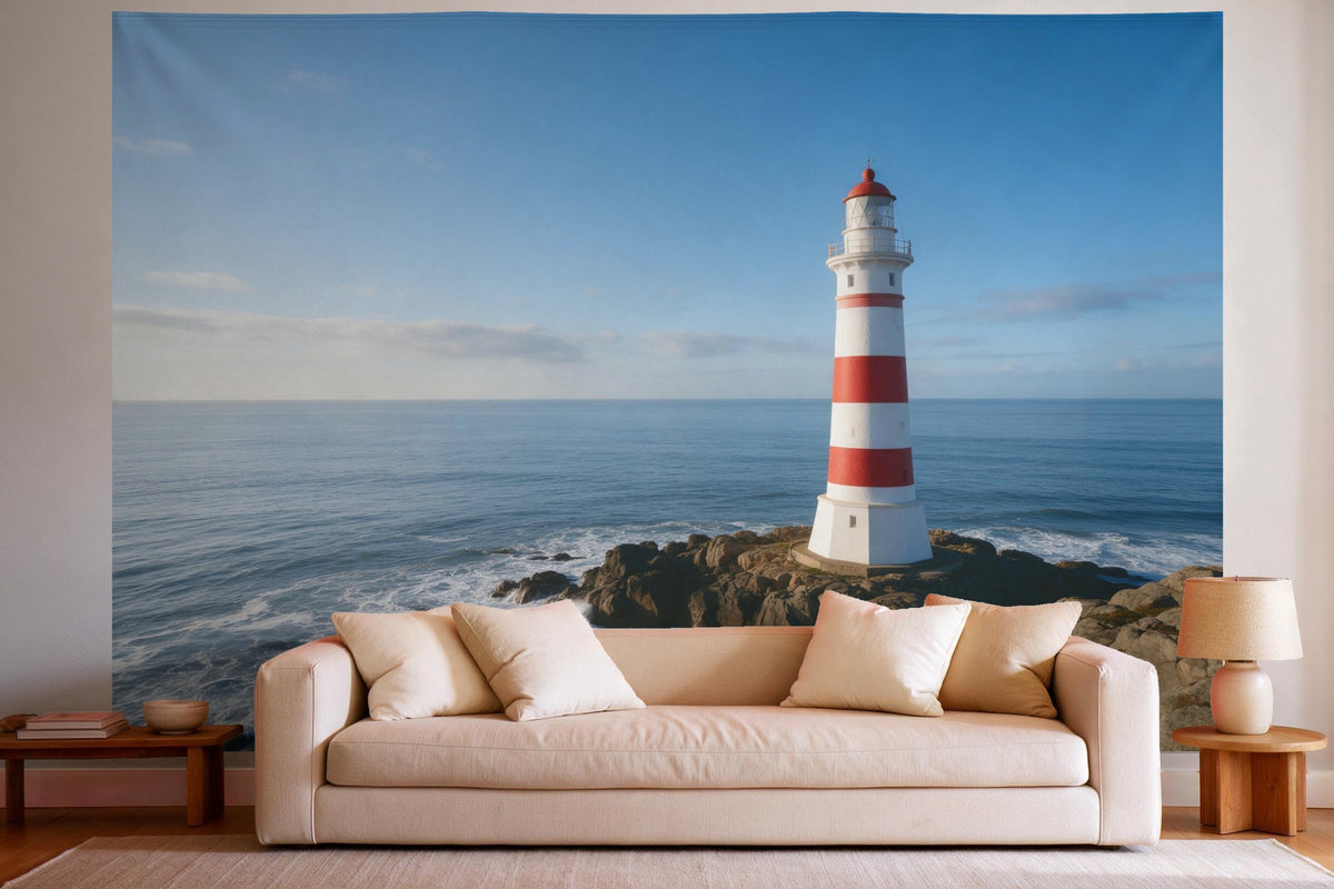 Wandtuch XXL Leuchtturm an der Felsküste als Wanddeko im hellen Wohnzimmer über dem Sofa