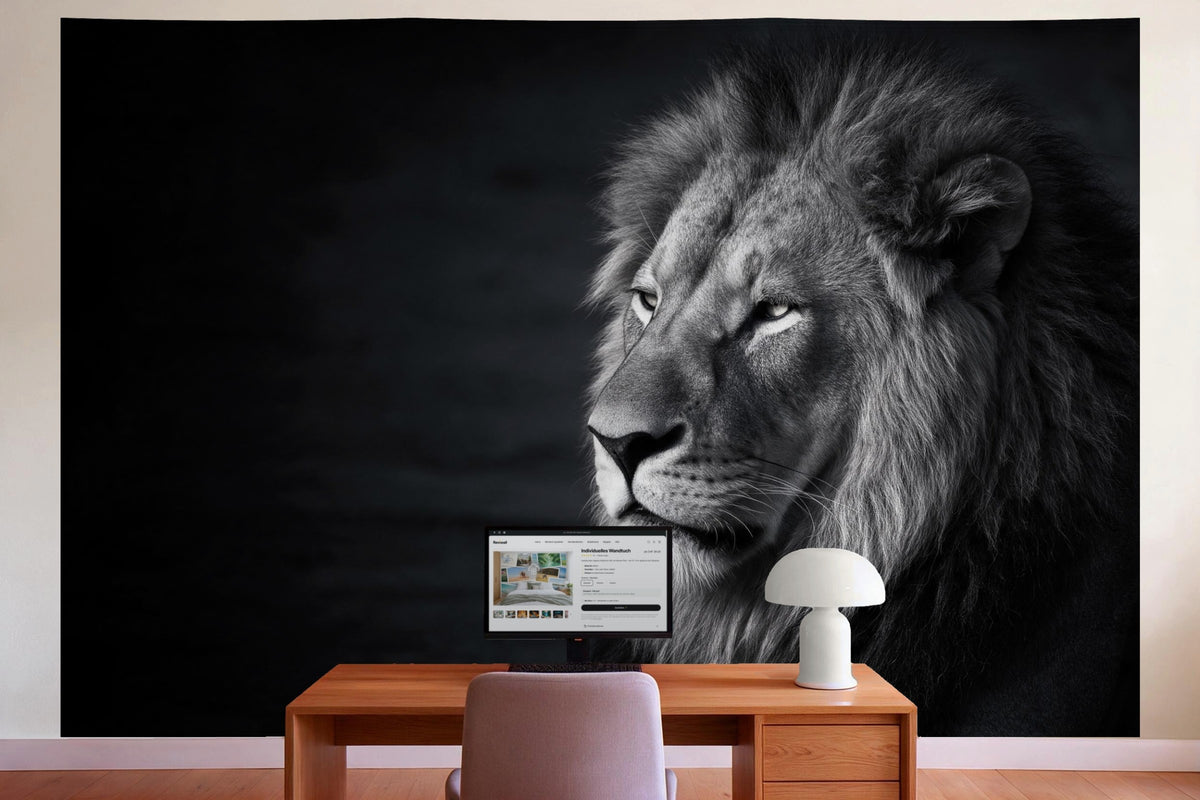 Wall decor in a home office behind the desk: printed fabric tapestry Lion in Black and White