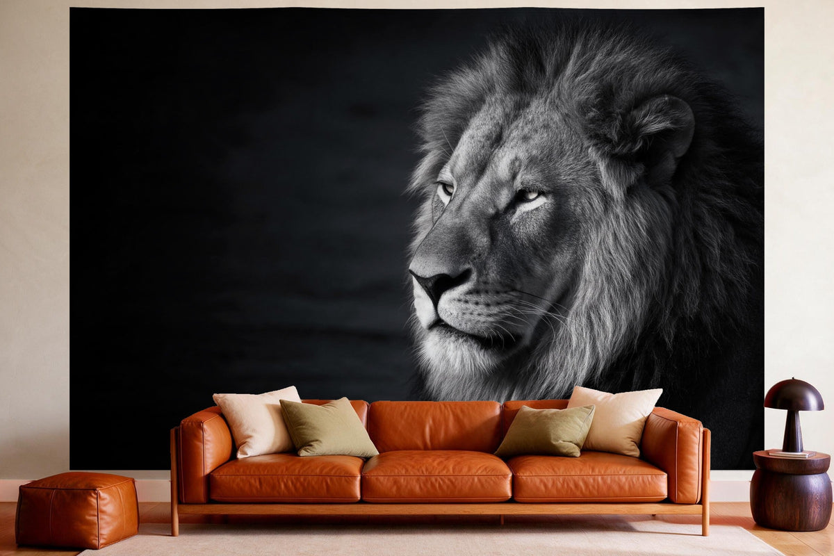 XXL wall tapestry Lion in Black and White as wall decor in a cosy living room above the leather sofa