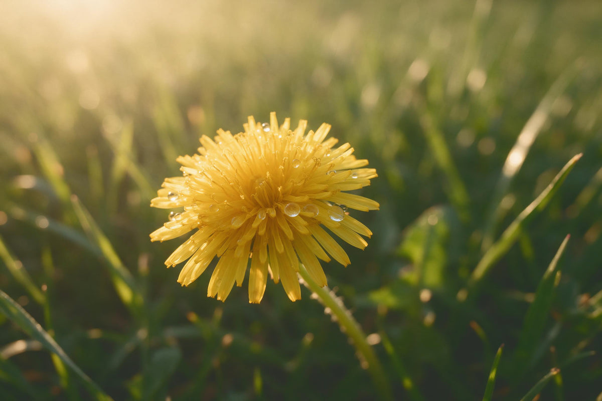 Fleur de pissenlit jaune avec gouttes de rosée en contre-jour doré, tenture murale imprimée sur tissu – jaune et vert