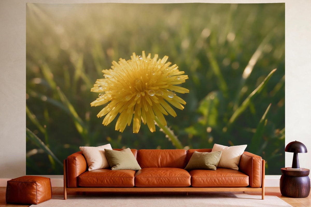 Wandtuch XXL Löwenzahn mit Tautropfen als Wanddeko im gemütlichen Wohnzimmer über dem Ledersofa