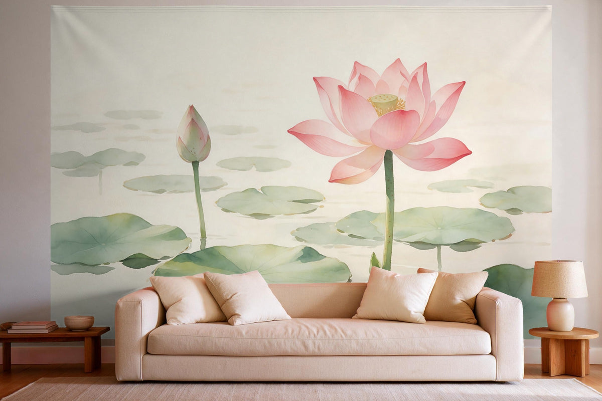 Wanddeko im hellen Wohnzimmer über dem Sofa: Wandtuch Lotusblüte mit Knospe als Aquarell, auf Stoff gedruckt
