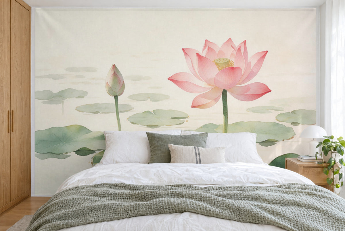 XXL printed fabric: pink lotus blossom on the right, bud on the left, green leaves on water, filling the wall behind the bed