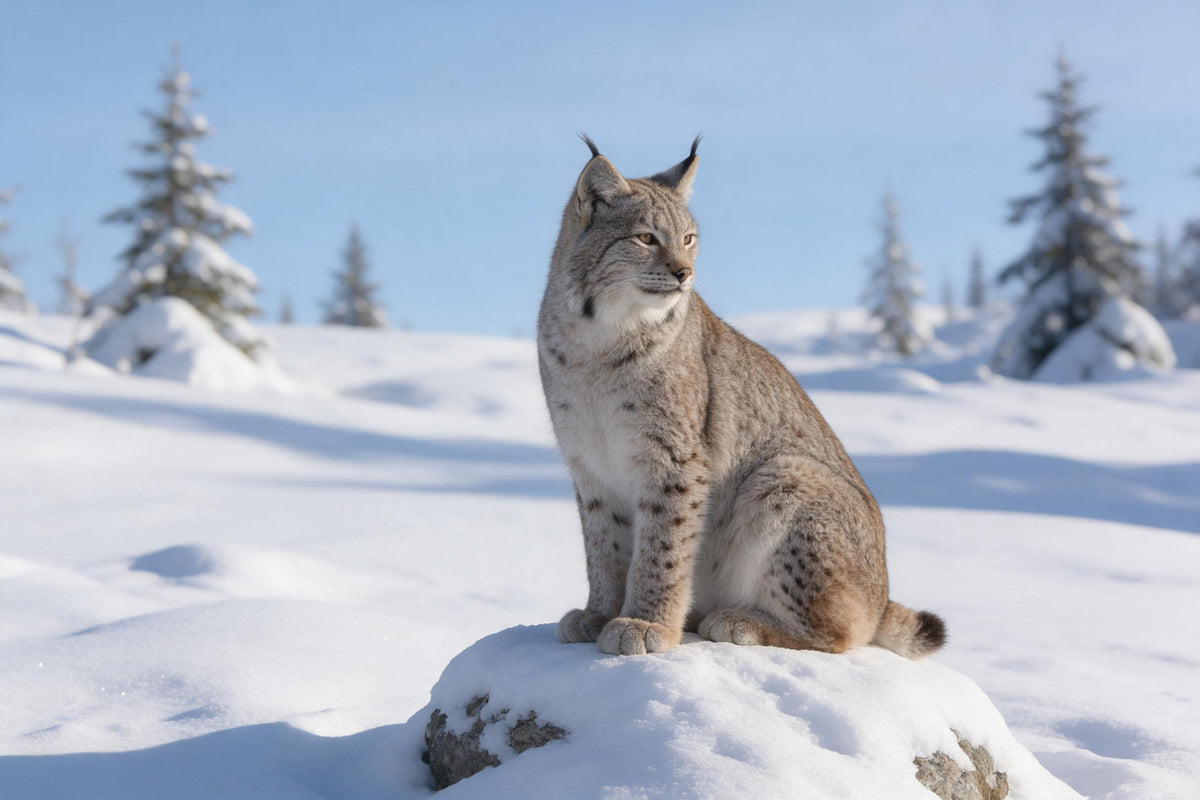 Luchs mit Pinselohren sitzt auf verschneitem Felsen in Winterlandschaft, als Wandtuch, auf Stoff gedruckt – Weiss und Blau