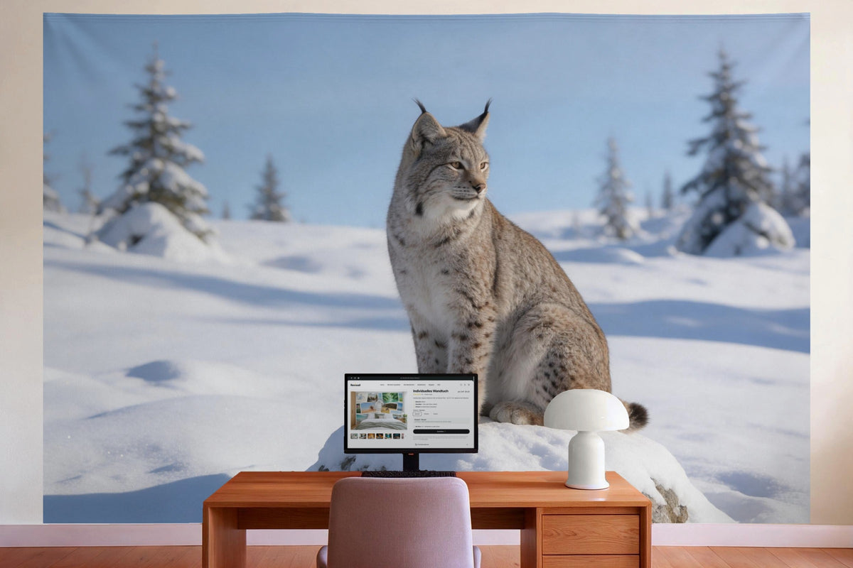 Wanddeko im Büro hinter dem Schreibtisch: Wandtuch Luchs auf verschneitem Felsen, auf Stoff gedruckt