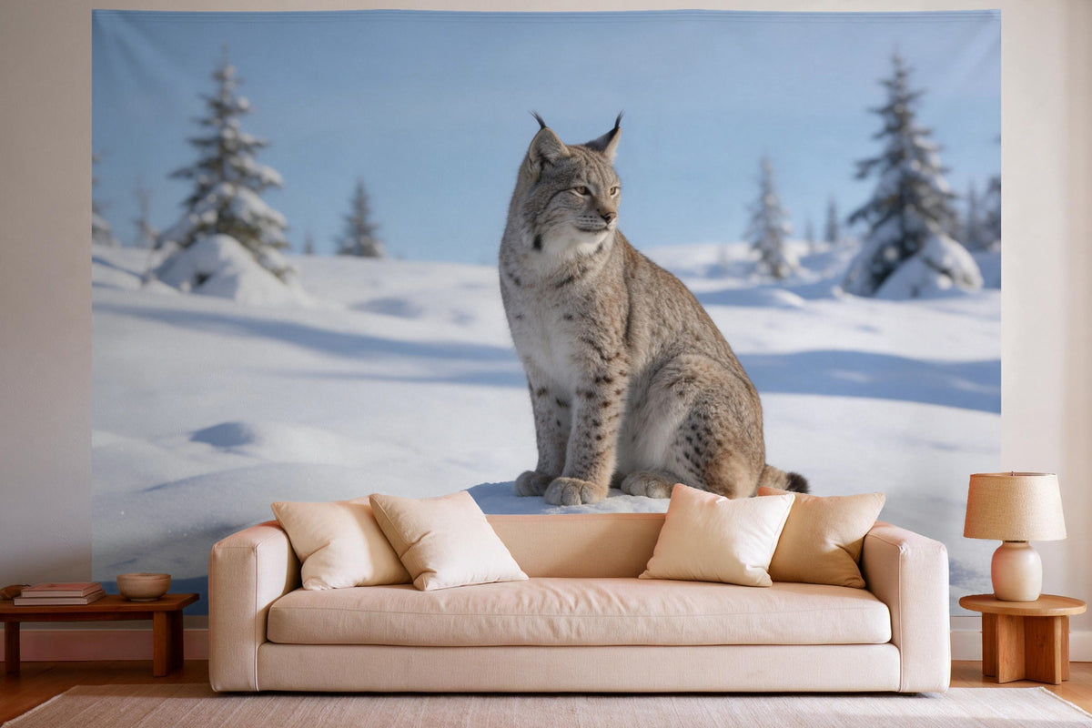 Wandtuch XXL Luchs auf verschneitem Felsen als Wanddeko im hellen Wohnzimmer über dem Sofa