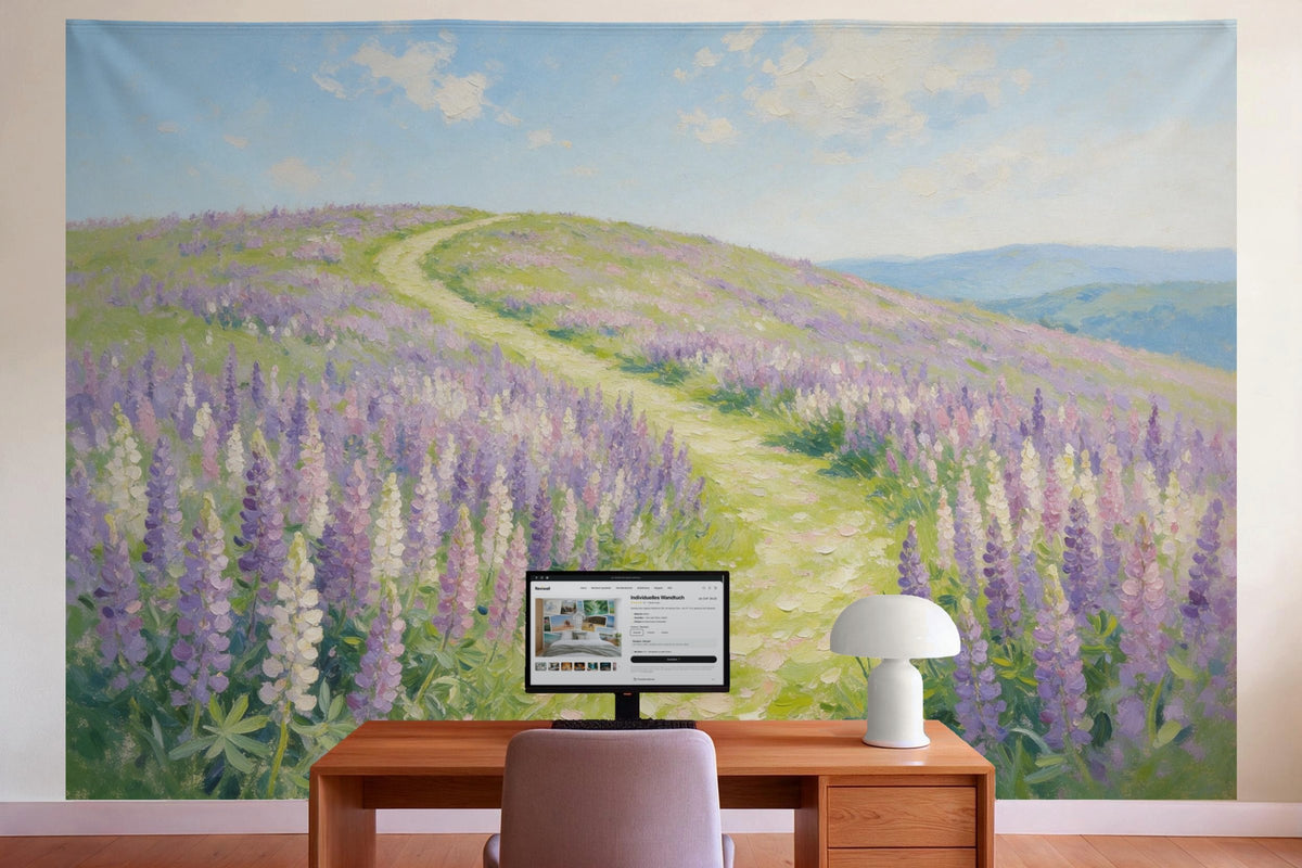 Wall decor in a home office behind the desk: printed fabric tapestry Lupin Meadow as an Oil Painting
