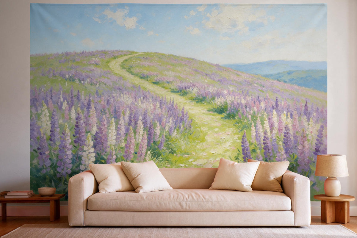 XXL wall tapestry Lupin Meadow as an Oil Painting as wall decor in a bright living room above the sofa