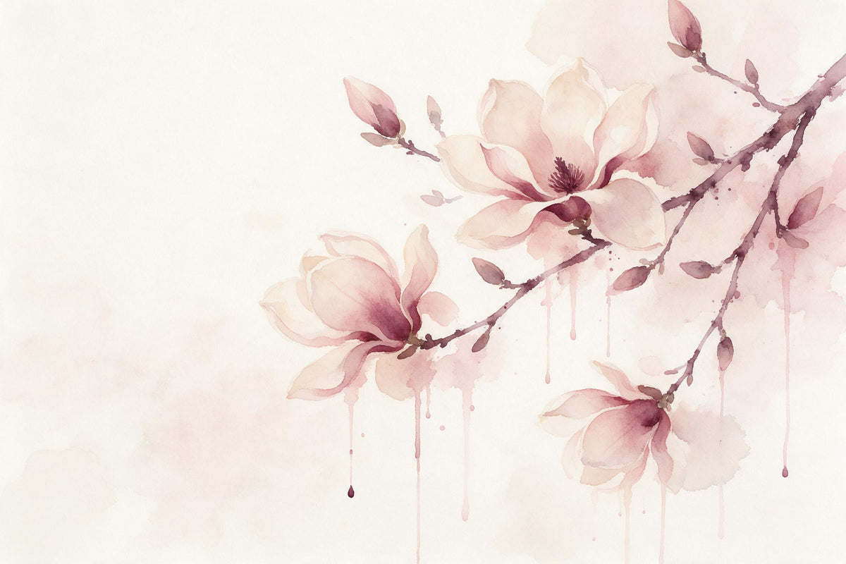 Ramas de magnolia en flor desde arriba a la derecha, flores rosas en acuarela, tapiz impreso en tela – rosa y crema