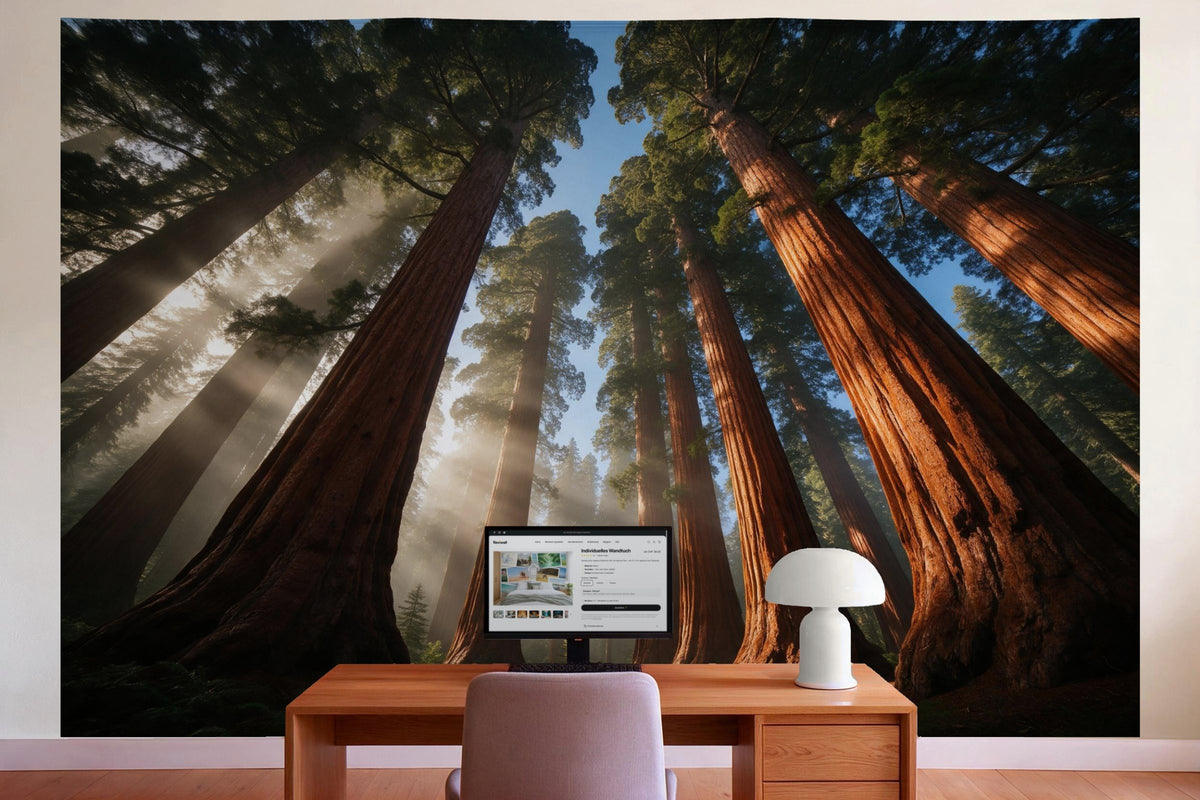 Wall decor in a home office behind the desk: printed fabric tapestry Sequoia Crowns from Below