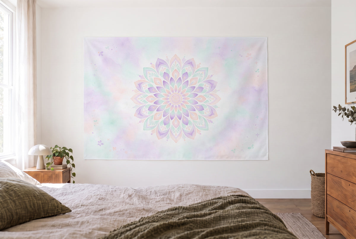 Flower mandala in pastel tapestry in a bright bedroom opposite the bed, wooden dresser on the right – lavender