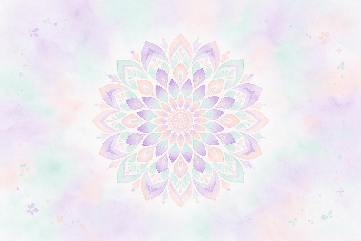 Flower mandala of petals in lavender, mint and peach on a watercolour background, tapestry printed on fabric – pastel