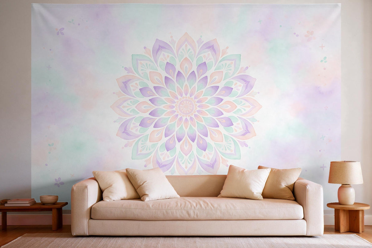 Wall decor in a bright living room above the sofa: printed fabric tapestry Flower Mandala in Pastel