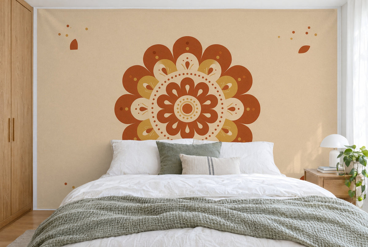 Grande tenture murale Mandala bohème terracotta dans la chambre, sur tout le mur derrière le lit – tapisserie en tissu