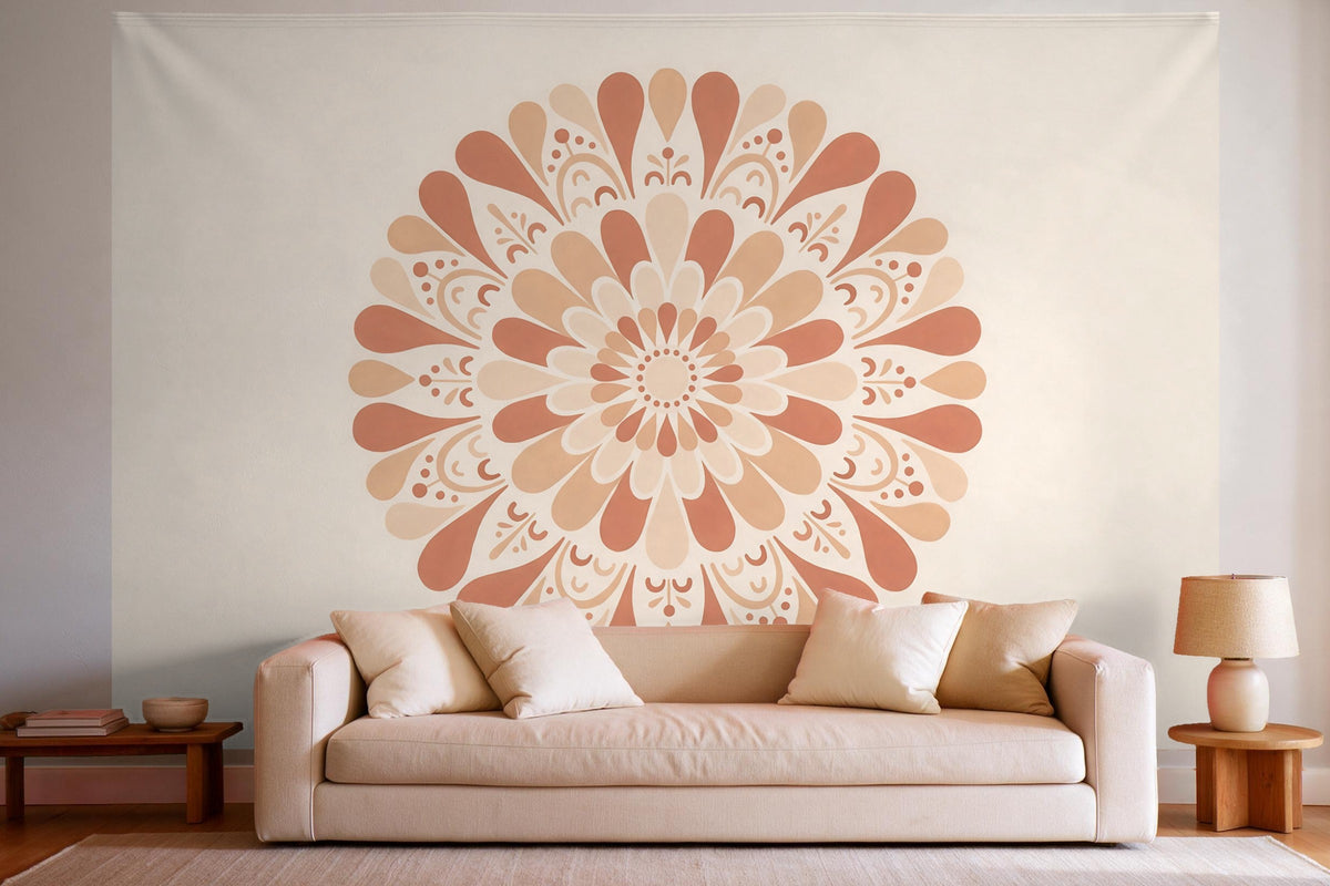 Wall decor in a bright living room above the sofa: printed fabric tapestry Mandala in Earth Tones